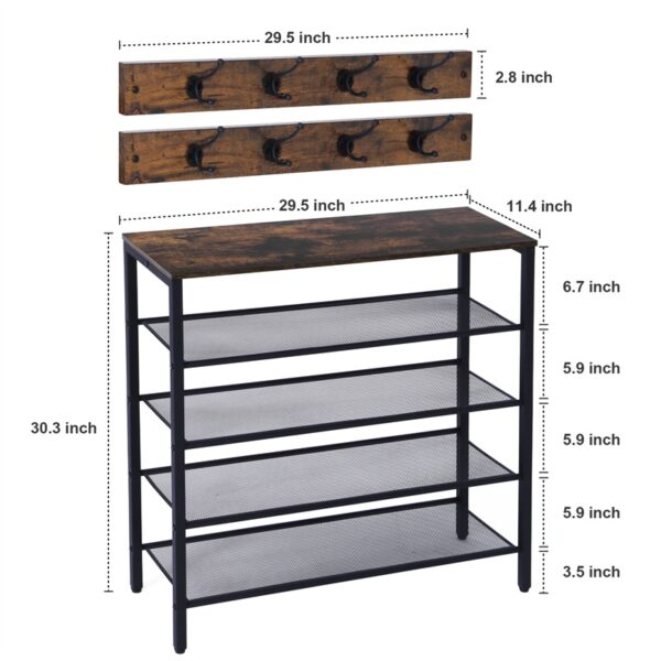4-tier Shoe Rack With Grid Rack Wooden Rustic Foyer Shoe Rack With Coat Hook, Suitable For The Steel Frame Of The Living Room Mud Room At The Front Door Of The Corridor - Image 2