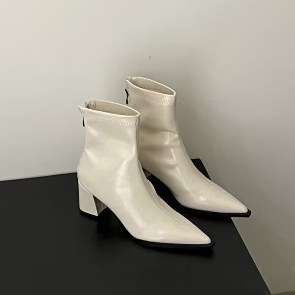 Women's Chunky Heel Back Zipper High Heel Pointed Ankle Boots - Image 10