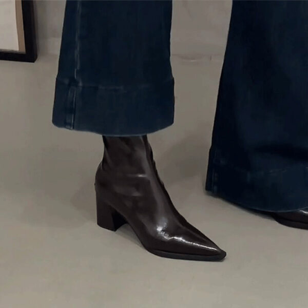 Women's Chunky Heel Back Zipper High Heel Pointed Ankle Boots - Image 5