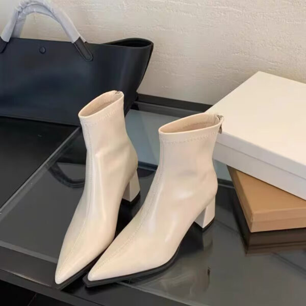 Women's Chunky Heel Back Zipper High Heel Pointed Ankle Boots - Image 2