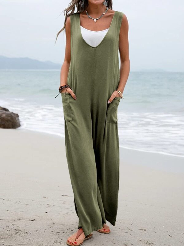 Pure Color Stickers Bags Fashion Jumpsuit V-neck Bib Wide Leg Trousers For Women - Image 10